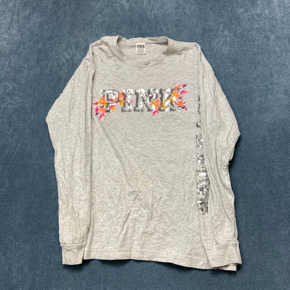 Victoria's Secret PINK Long Sleeve Shirt Womens Small Gray Floral Sequin Logo